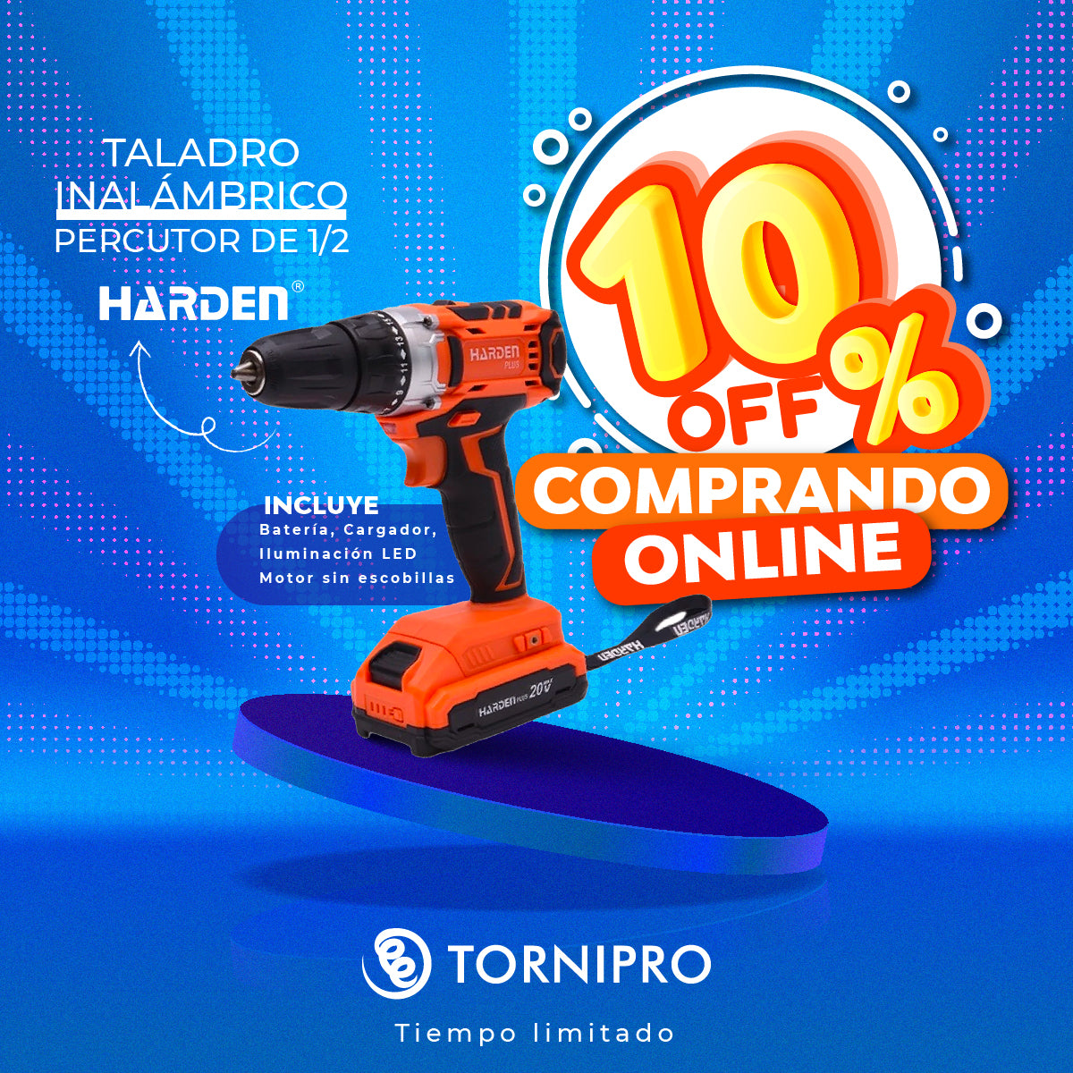 TALADRO INALAMBRICO PERCUTOR SIN ESCOBILLA 20V  1/2  CON BATERIA Y CARGADOR  -  HARDEN