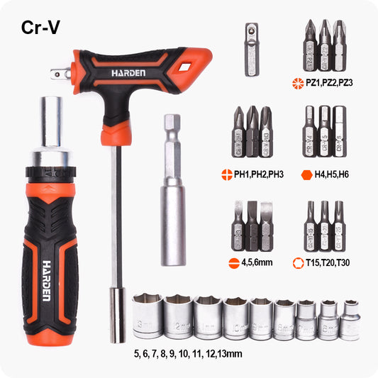 JUEGO DE RATCHET DESTORNILLADOR Y LLAVE "T" CON PUNTAS Y SOCKETS (DADOS) 28 PZS - HARDEN