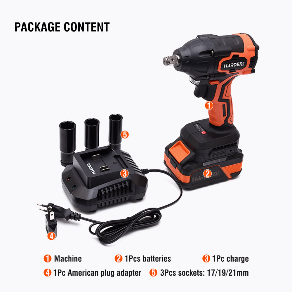 PISTOLA DE IMPACTO INALAMBRICO SIN ESCOBILLA 20V 1/2 500Nm CON BATERIA (4Ah) Y CARGADOR - HARDEN