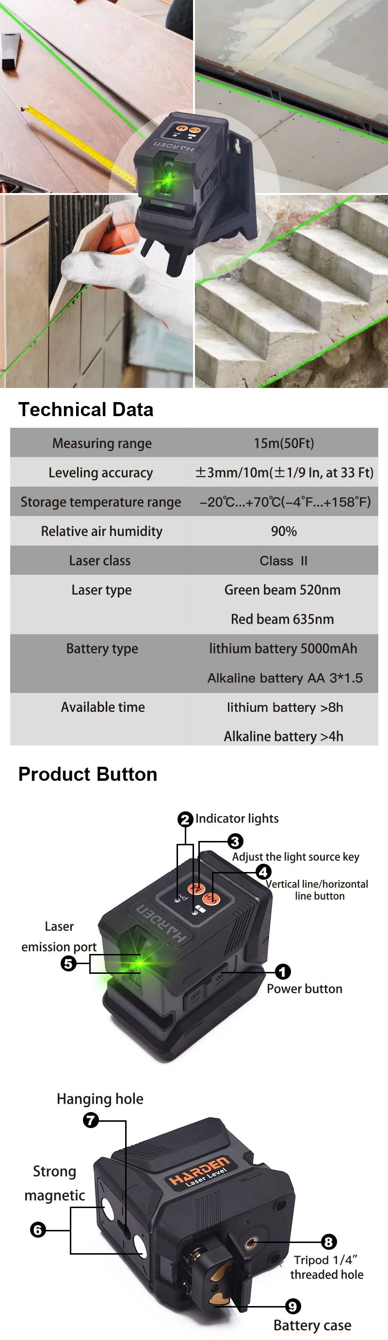 NIVEL LASER — NIVEL DE LINEA LASER VERDE - HARDEN