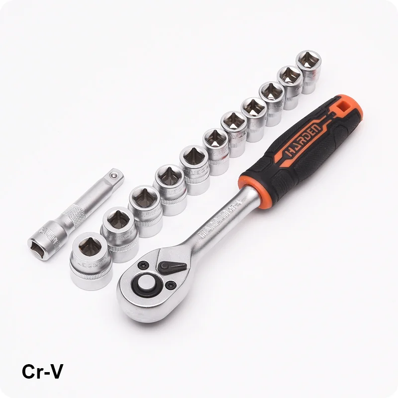 JUEGO DE DADOS 3/8 CORTO 6PTS — JUEGO DE DADOS (SOCKET) CON RATCHET Y EXTENSION 13PZS 3/8" - HARDEN