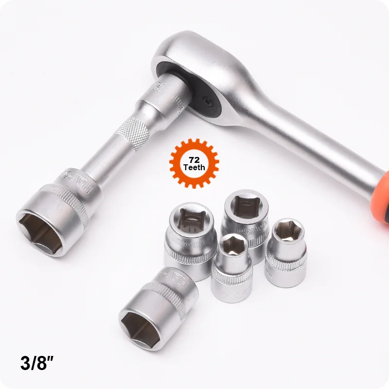 JUEGO DE DADOS 3/8 CORTO 6PTS — JUEGO DE DADOS (SOCKET) CON RATCHET Y EXTENSION 13PZS 3/8" - HARDEN