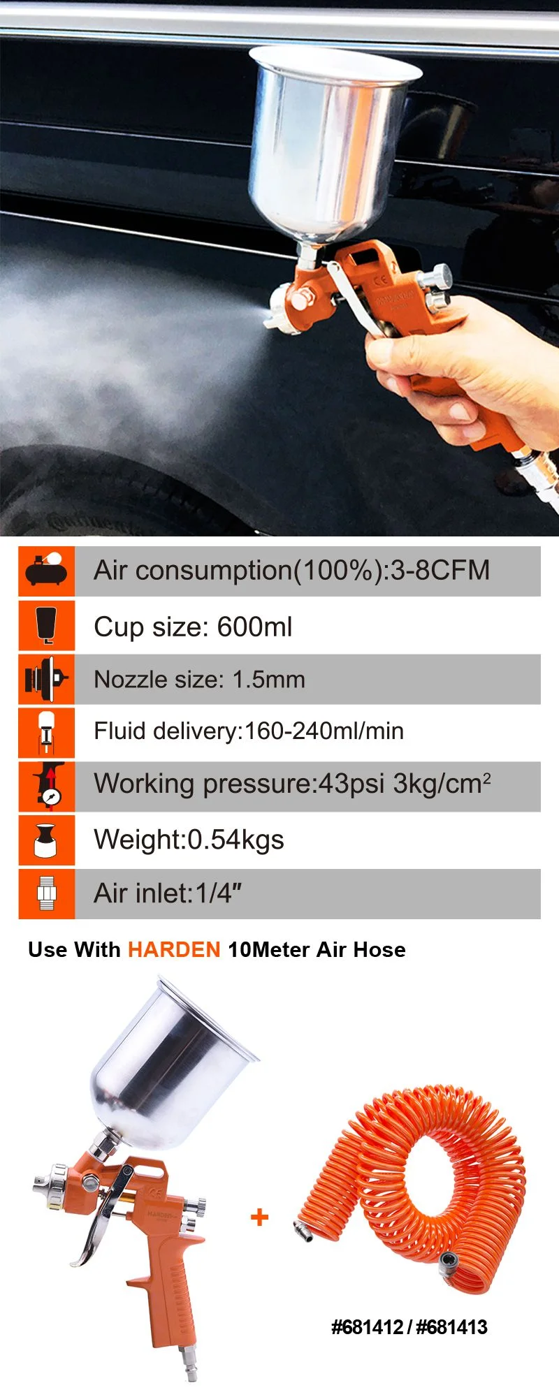 PISTOLA DE SPRAY — PISTOLA DE SPRAY POR GRAVEDAD 600cc BOQUILLA 1.5mm - HARDEN